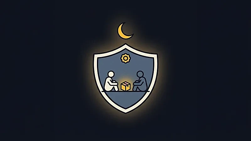 Illustration&nbsp;: un bouclier protège deux personnes assises autour d’un coffret doré, sous un croissant de lune