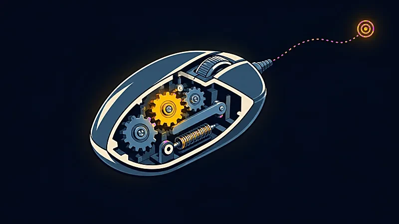 Illustration en coupe&nbsp;: l’intérieur d’une souris d’ordinateur révèle ses engrenages, l’un doré, une trajectoire pointant vers une cible