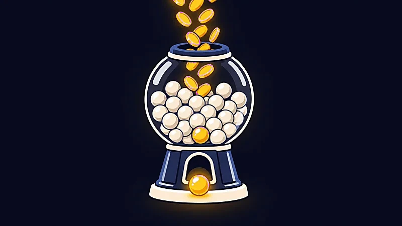 Illustration&nbsp;: une rotation à billes reçoit une pluie de pièces dorées et ne rend qu’une seule bille dorée