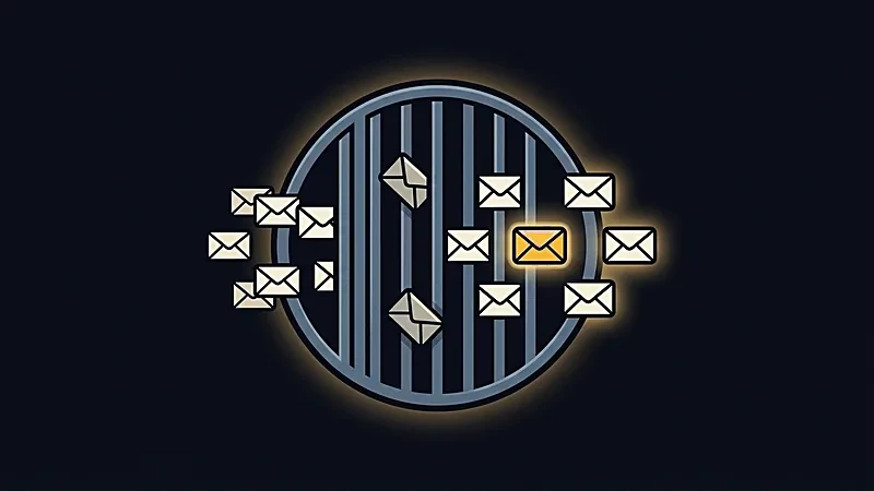 Illustration&nbsp;: des enveloppes traversent une grille ronde, l’une est dorée, deux restent coincées entre les barreaux