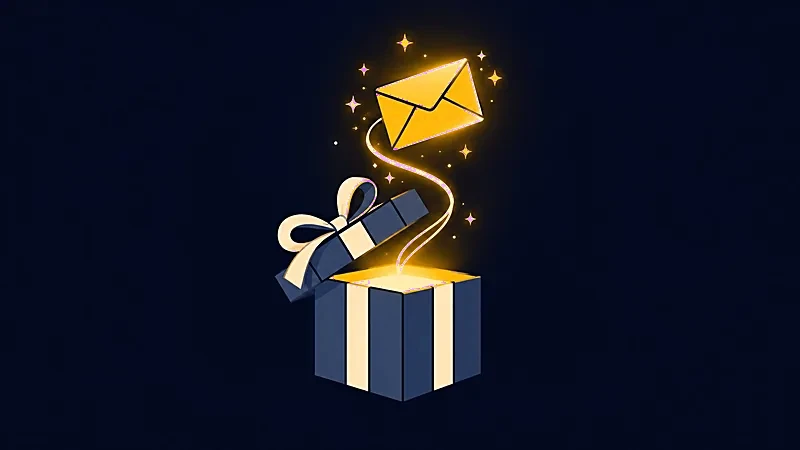 Illustration&nbsp;: un cadeau bleu nuit s’ouvre et laisse s’envoler une enveloppe dorée attachée par un ruban de lumière