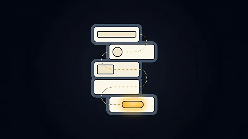 Illustration&nbsp;: des blocs vierges descendent en zigzag, reliés par une ligne pointillée jusqu’à un bouton doré